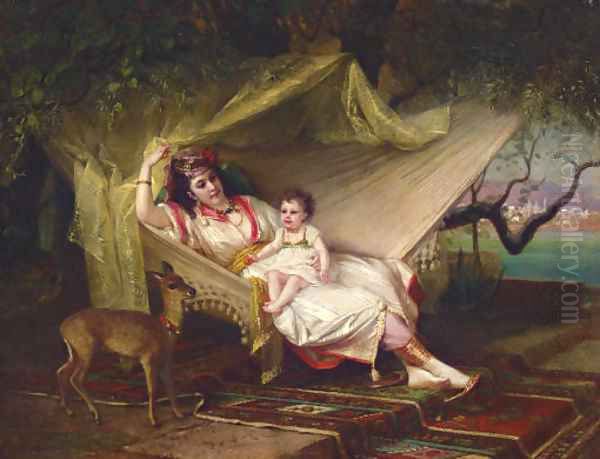 Clementine Stora and her Daughter Lucie in an Interior, Constantinople Oil Painting by Constant Joseph Brochart