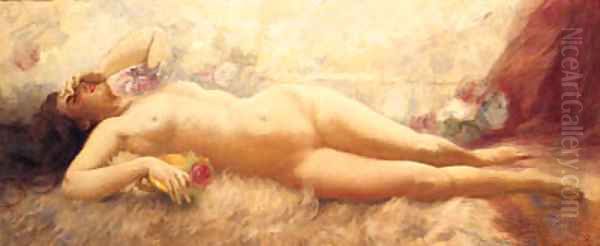 A Reclining Female Nude Oil Painting by Eduard Buchner