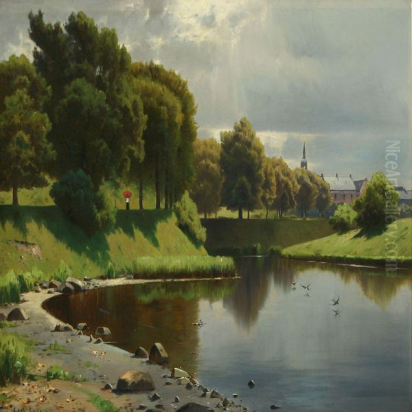 Danish Summerlandscape With Walking Woman Along Moat Oil Painting by Carl Christian E. Carlsen