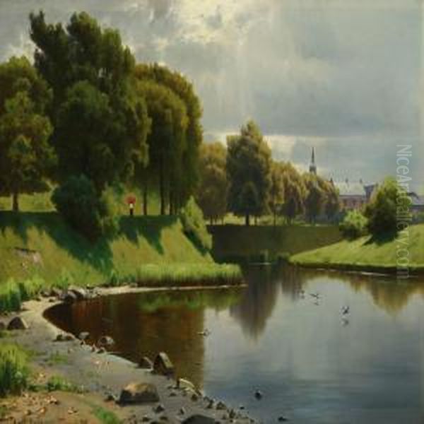 Danish Summerlandscapewith Walking Woman Along Moat Oil Painting by Carl Christian E. Carlsen