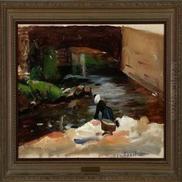 A Washerwoman Oil Painting by Carl Christian E. Carlsen