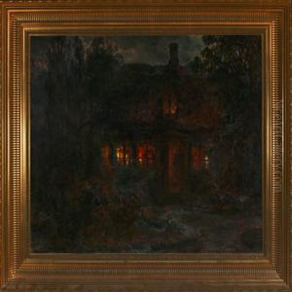 House Between Trees With Lights In The Windows Oil Painting by Carl Christian E. Carlsen