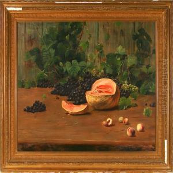 Still Life With Melon, Peaches, Blue And Green Grapes Oil Painting by Carl Christian E. Carlsen