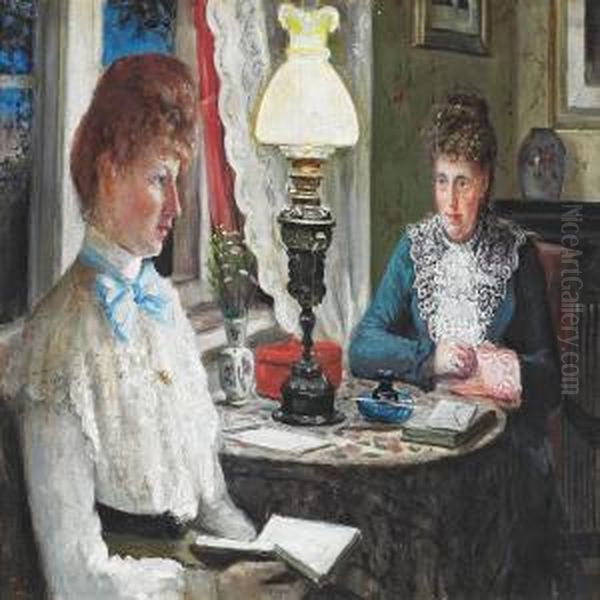 Interior With Two Women Sitting At A Table Oil Painting by Carl Christian E. Carlsen