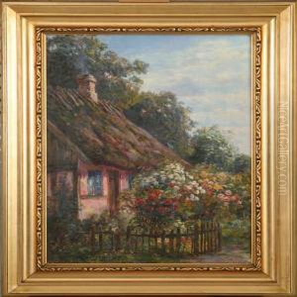 Cottage In A Floweringgarden Oil Painting by Carl Christian E. Carlsen