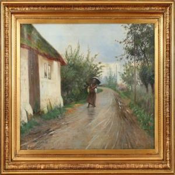 Carl Carlsen: Landscape With A Woman And A House. Signed Carl Carlsen 92 Oil Painting by Carl Christian E. Carlsen