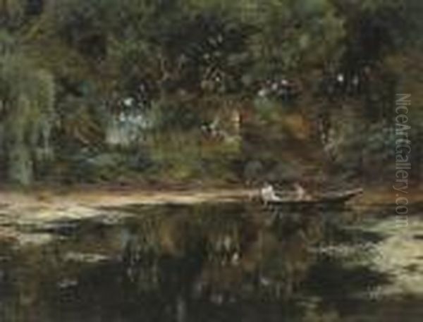 Rowing On The Lily Pond Oil Painting by Carl Christian E. Carlsen