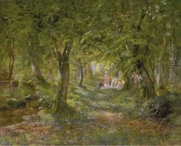 Figures Picnicing In A Forest Interior Oil Painting by Carl Christian E. Carlsen