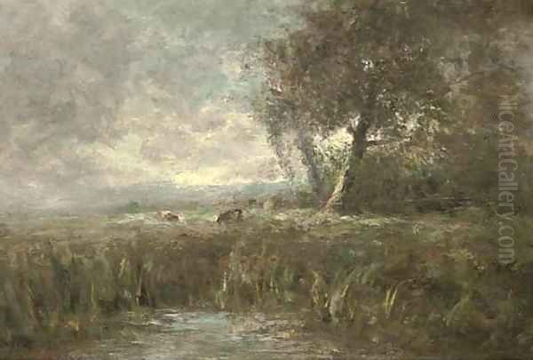 A landscape with pool, and cattle beyond Oil Painting by George A. Boyle