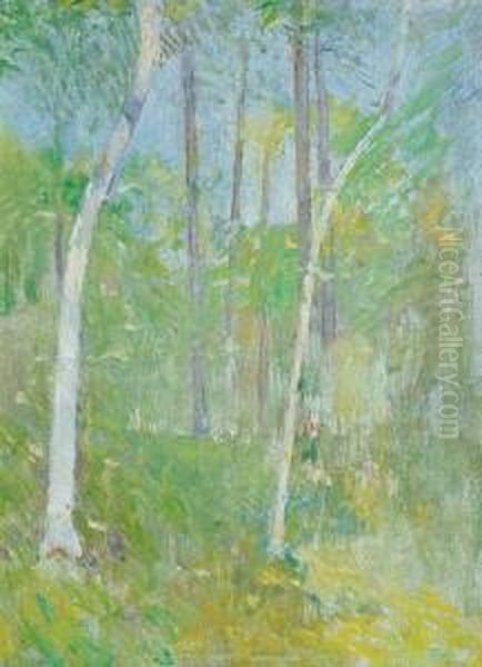 Trees In Forest Oil Painting by Emil Carlsen