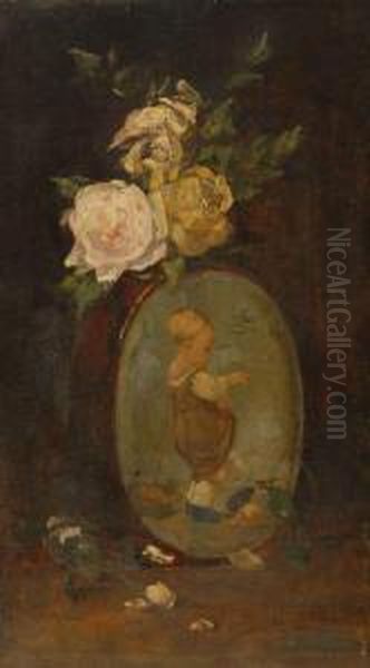 Floral Still Life With Roses And A Portrait Vase Oil Painting by Emil Carlsen