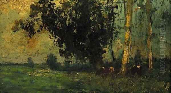 Cattle grazing near some trees in a meadow Oil Painting by George Boyle