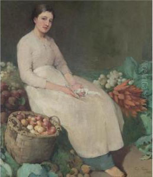 Girl In Vegetable Shop Oil Painting by Emil Carlsen