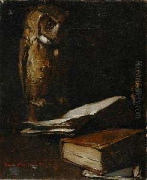 Owl With An Open Book,1883 Oil Painting by Emil Carlsen