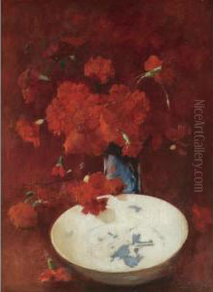 Red Carnations And Delft Oil Painting by Emil Carlsen