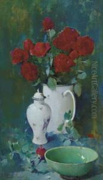 Still Life, Roses And Oriental Vases Oil Painting by Emil Carlsen