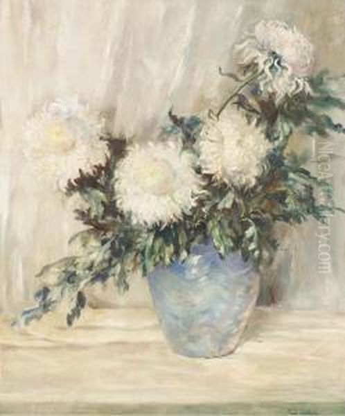 White Peonies In A Blue Vase Oil Painting by Emil Carlsen