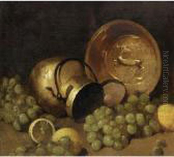 Copper Pots, Lemons And Grapes Oil Painting by Emil Carlsen