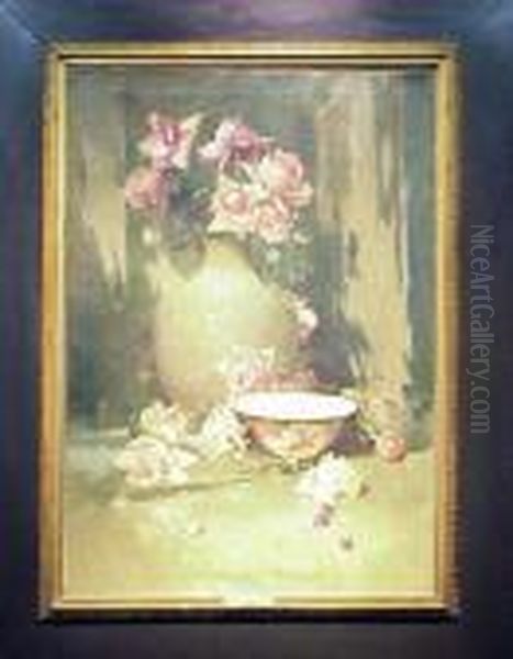 Vase Of Roses With Porcelain Bowl Oil Painting by Emil Carlsen