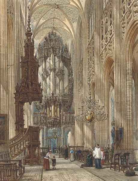 Figures in a cathedral interior Oil Painting by Henry William Brewer