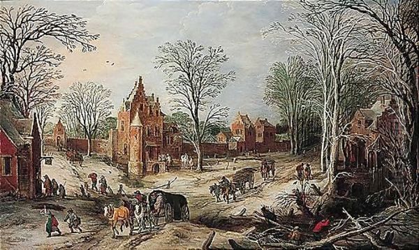 A wooded winter landscape with a cart Oil Painting by J. & Momper, J.de Brueghel