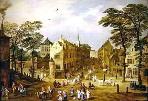 A view of a Flemish street with townsfolk and waggoners Oil Painting by J. & Momper, J.de Brueghel