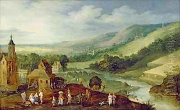 An extensive river landscape with peasants gathering the harvest Oil Painting by J. & Momper, J.de Brueghel