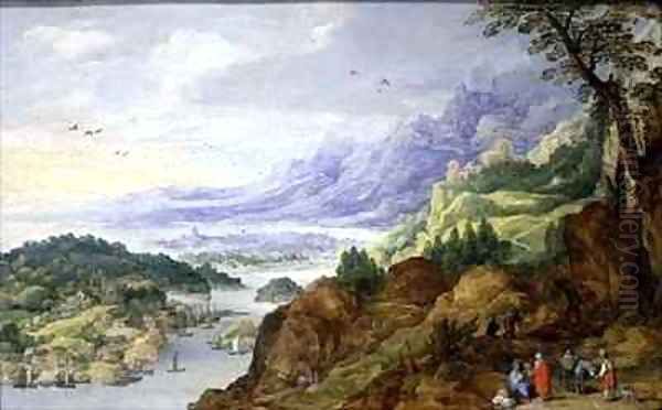 Mountainous coastal landscape with travellers at rest Oil Painting by J. & Momper, J.de Brueghel