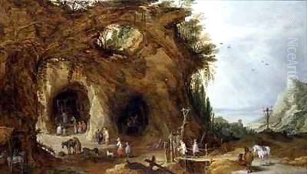 Pilgrims at a Shrine in a Mountainous Landscape Oil Painting by J. & Momper, J.de Brueghel