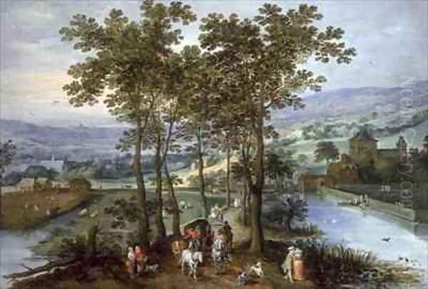 Spring, a landscape with elegant company on a tree-lined road Oil Painting by J. & Momper, J.de Brueghel