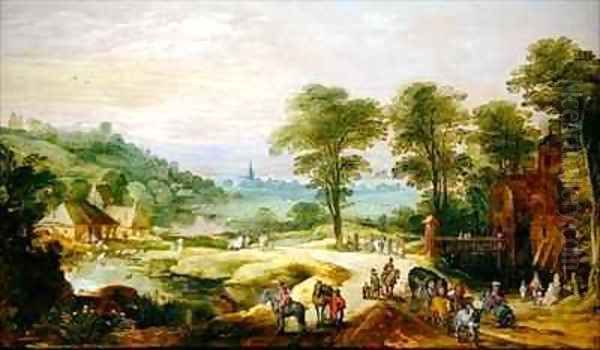 Landscape with Travellers on Road Oil Painting by J. & Momper, J.de Brueghel