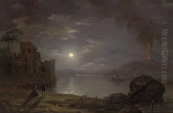 Vesuvius From Posillipo By Moonlight Oil Painting by Johann-Hermann Carmiencke