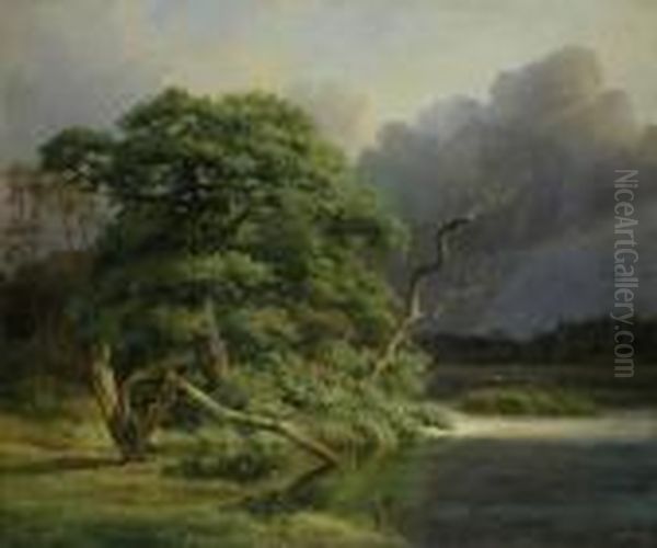 Alte Eichen An Einem Oil Painting by Johann-Hermann Carmiencke