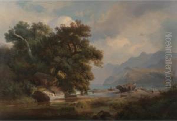 Net Menders In A River Landscape Oil Painting by Johann-Hermann Carmiencke