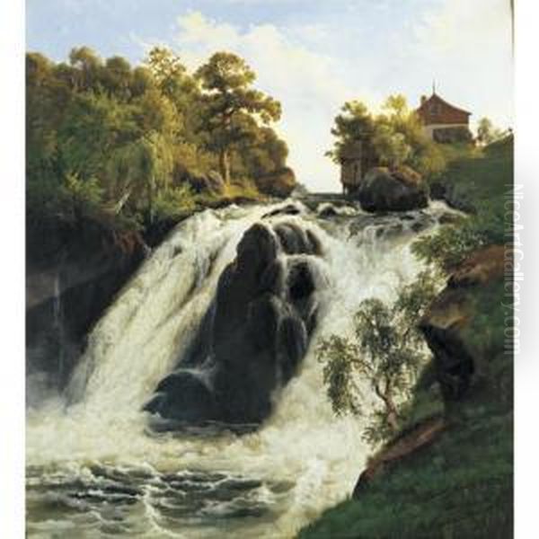 View Of The Waterfall At Stora Mollan, Sweden Oil Painting by Johann-Hermann Carmiencke