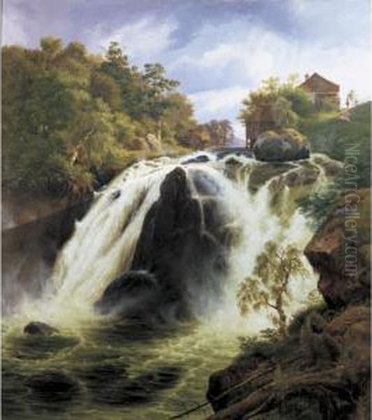 View Of The Waterfall At Stora Mollan, Sweden Oil Painting by Johann-Hermann Carmiencke