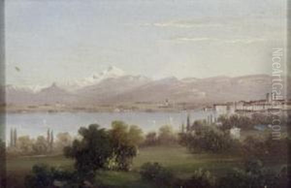 European Lakeside Resort Oil Painting by Johann-Hermann Carmiencke