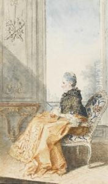 Portrait D'une Femme Assise Devant Une Fenetre, Tenant Une Boite Entre Les Mains Oil Painting by Louis Carrogis Carmontelle