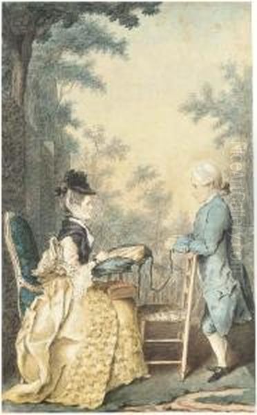 Femme Assise Cousant, Accompagnee D'un Jeune Garcon En Habitbleu Oil Painting by Louis Carrogis Carmontelle