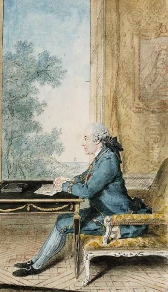 A Seated Gentleman In Profile To
 The Left Writing A Letter At Adesk In Front Of An Open Window Oil Painting by Louis Carrogis Carmontelle