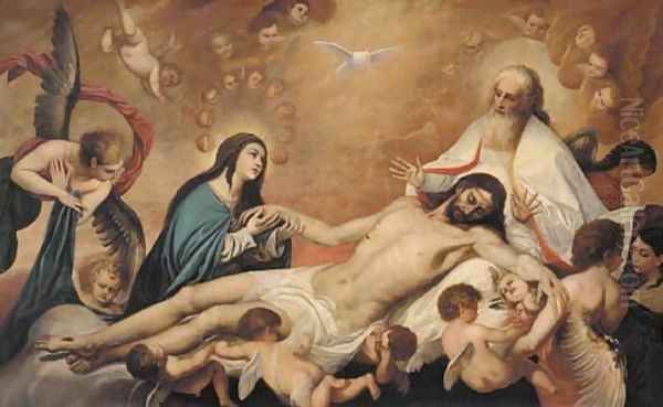 The Holy Trinity with a female saint lamenting the dead Christ Oil Painting by Pedro Anastasio Bocanegra