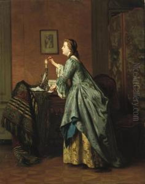 Jeune Fille Cachetant Une Lettre: Sealing The Loveletter Oil Painting by Jean Carolus