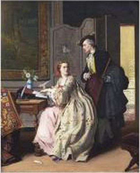 [jean Carolus - Interior Scene: The Indiscreet Man - Oil On Canvas - Signed Lower Right] Oil Painting by Jean Carolus