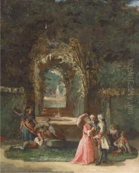 Elegant Figures In A Garden Oil Painting by Jean Carolus