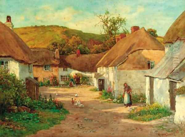 Figures and geese before thatched cottages Oil Painting by Ralph William Bardill