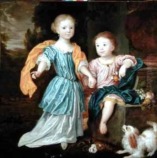 Portrait of a Young Girl and Boy, said to be the children of Sir William Reynolds Lloyd Oil Painting by Robert Byng or Bing