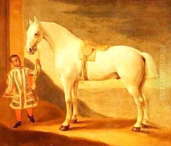 Carpenter , Lord Craven's favourite grey hunter, held by a negro page Oil Painting by Robert Byng or Bing