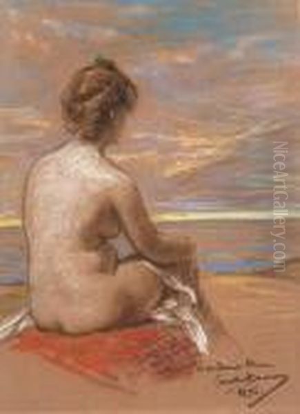 Une Femme Nue Assise Vue De Dos Regardant La Mer Oil Painting by Carolus (Charles Auguste Emile) Duran