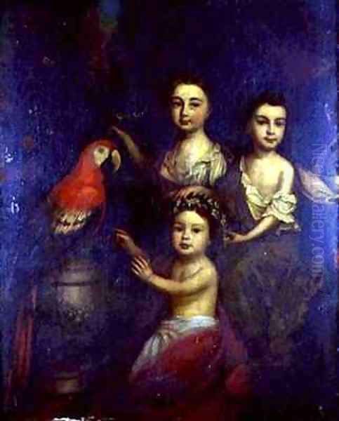 Portrait of Three Children with a Macaw Oil Painting by Robert Byng or Bing