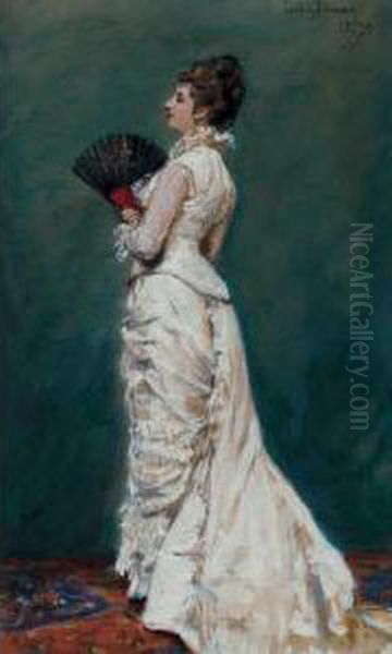 Lady In White With A Fan Oil Painting by Carolus (Charles Auguste Emile) Duran